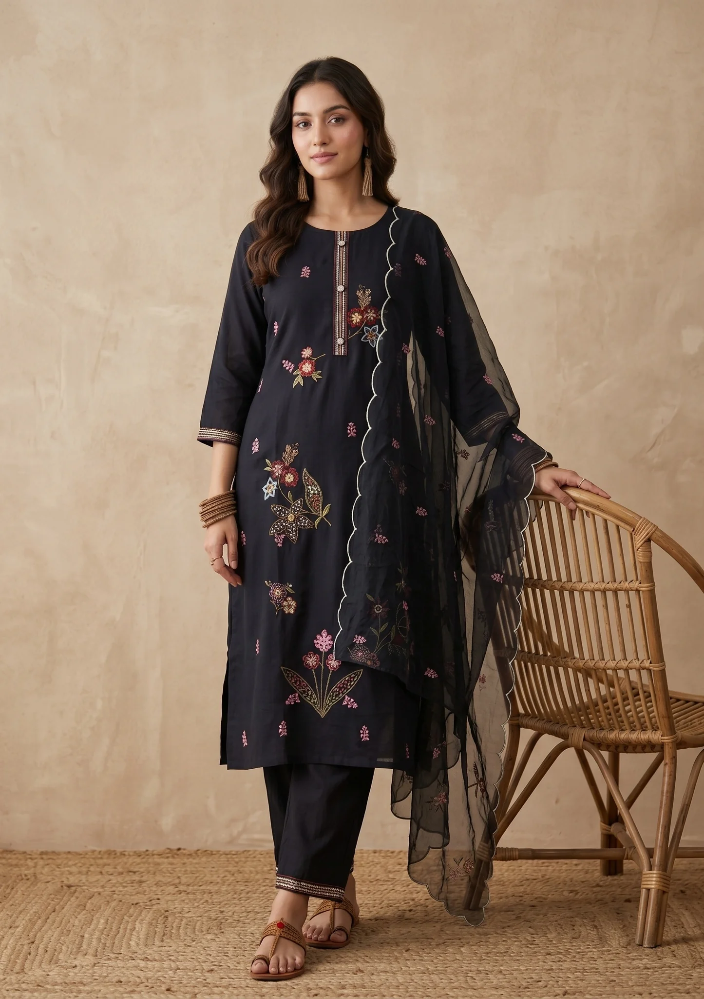 Black Threadwork Art Silk Readymade Salwar Suit